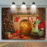 Lofaris Rustic Fireplace Christmas Tree Portrait Backdrop